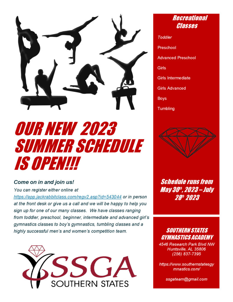 Southern States Gymnastics Academy in Huntsville, AL 2023 Summer Recreational Gymnastics Schedule